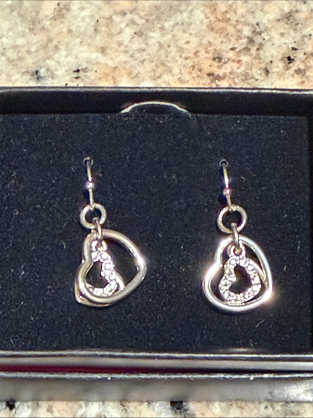 Avon Silver Heart Dangle Earrings with Crystal Accents